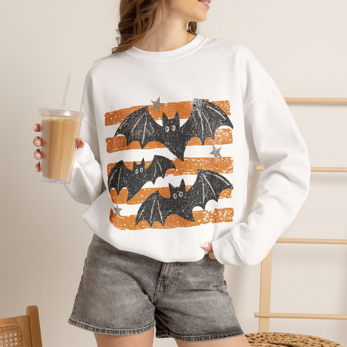 Vintage Halloween Bats sweatshirt | Distressed Bat Trio, Orange Stripes
