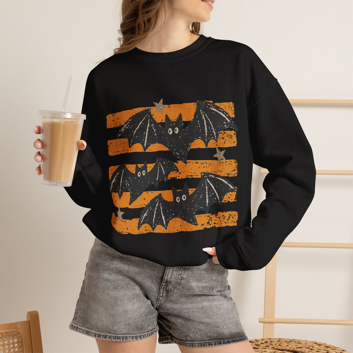 Vintage Halloween Bats sweatshirt | Distressed Bat Trio, Orange Stripes