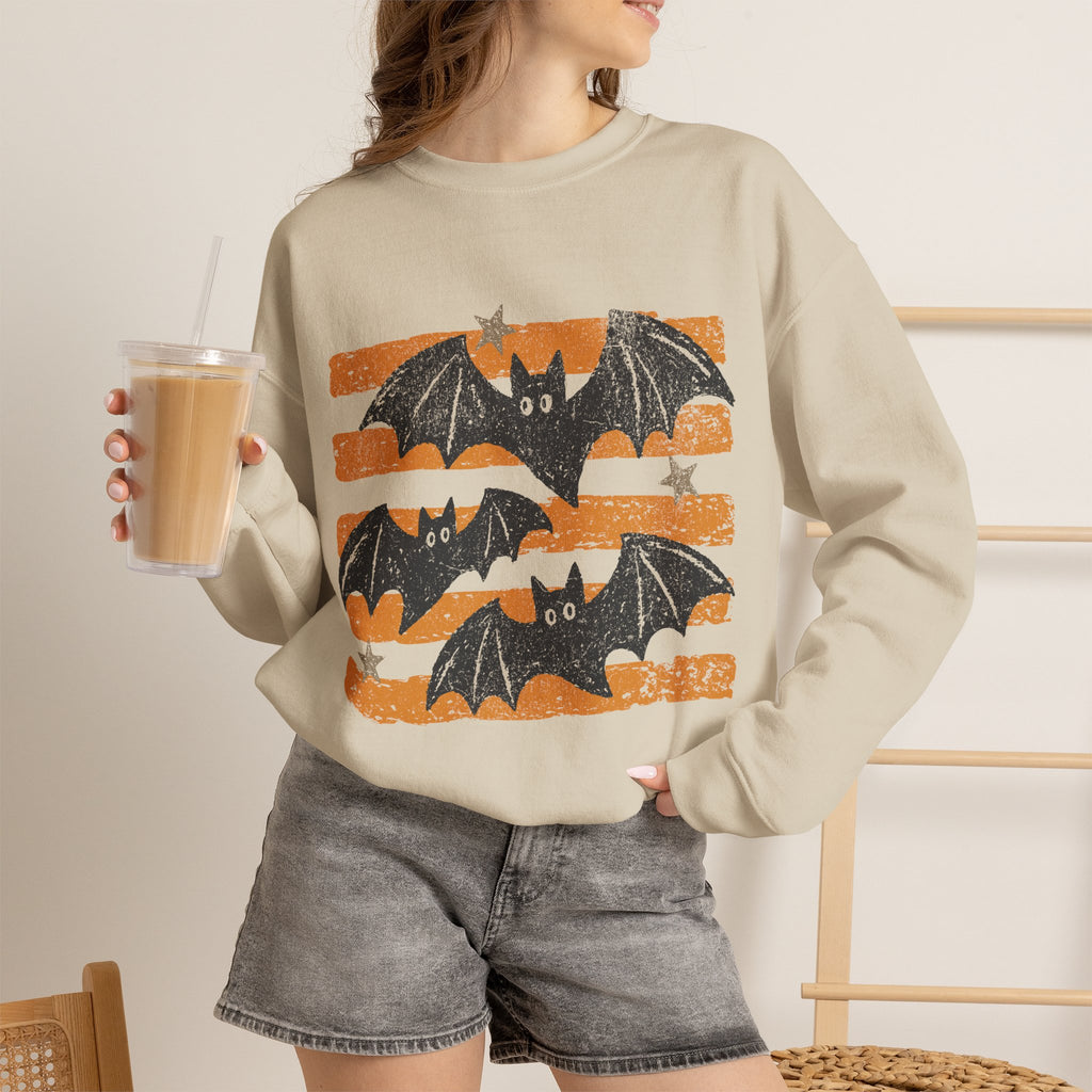 Vintage Halloween Bats sweatshirt | Distressed Bat Trio, Orange Stripes