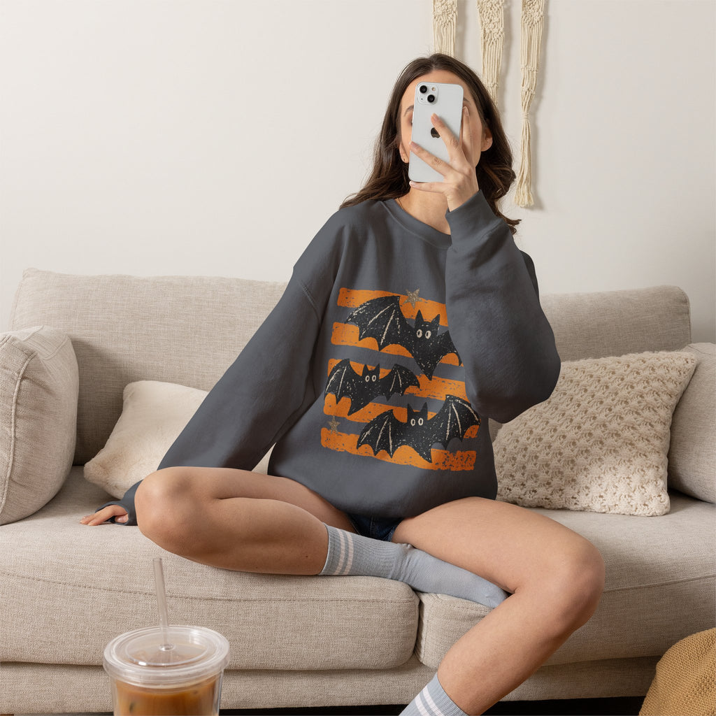 Vintage Halloween Bats sweatshirt | Distressed Bat Trio, Orange Stripes