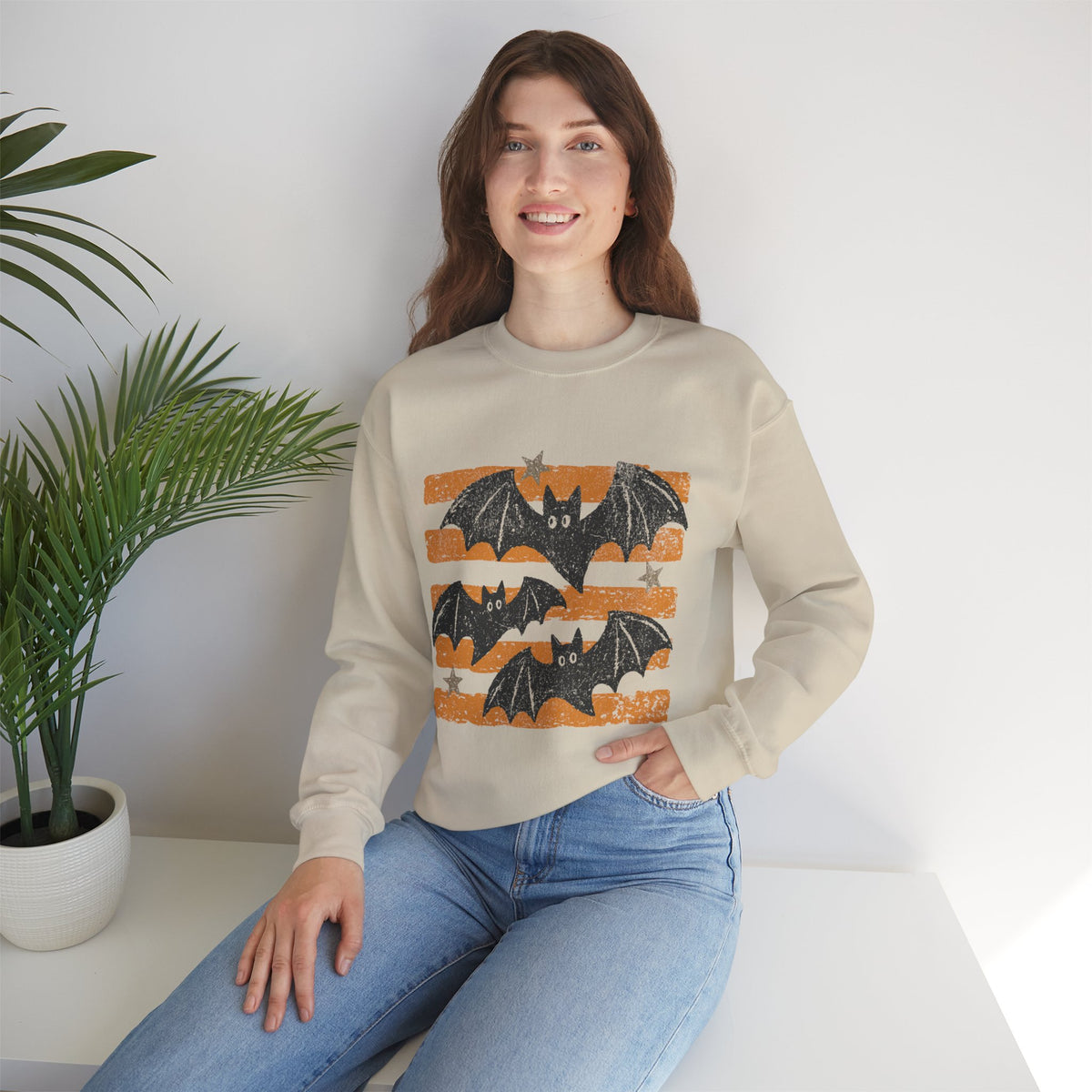 Vintage Halloween Bats sweatshirt | Distressed Bat Trio, Orange Stripes