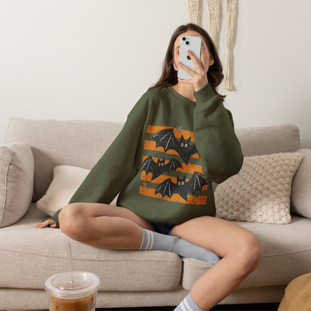 Vintage Halloween Bats sweatshirt | Distressed Bat Trio, Orange Stripes