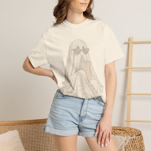 Ghost Wearing Sunglasses and Holding Coffee T-Shirt | Cute Ghost Illustration, Cozy Aesthetic